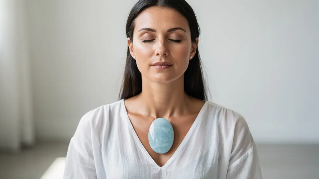 Pietra di acquamarina posizionata sul chakra della gola per favorire la comunicazione autentica