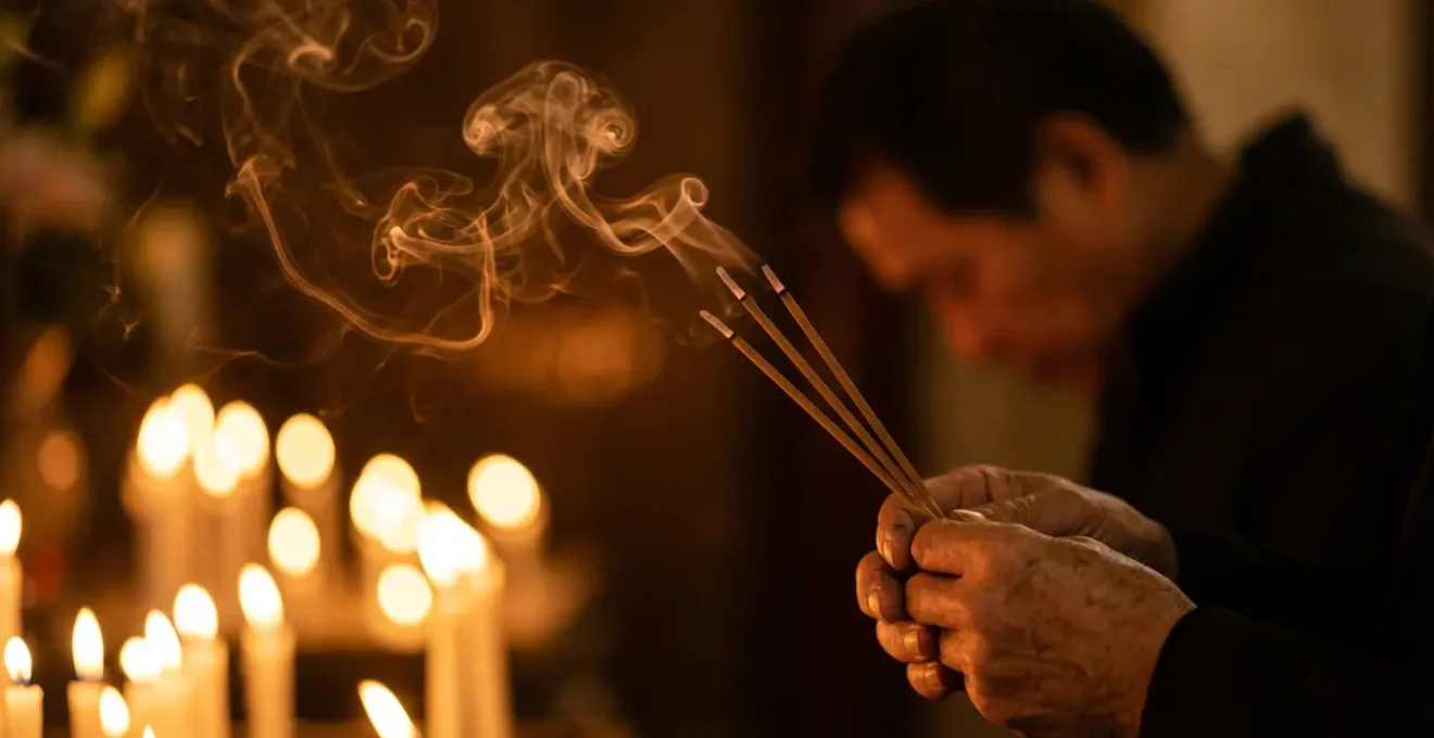 Ambiente rituale con candele accese e fumo di incenso che crea pattern nell'aria