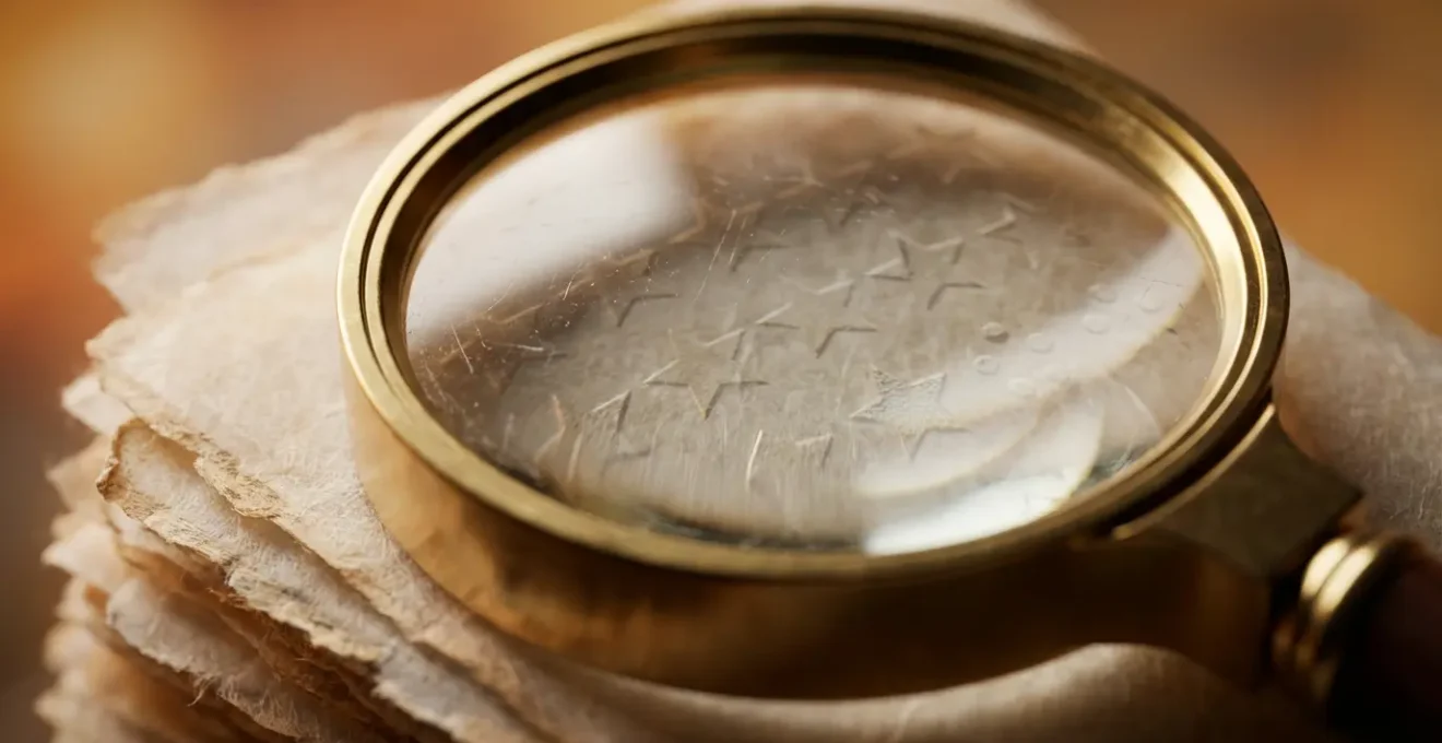 Verifica dell'autenticità delle recensioni online, con una lente d'ingrandimento che analizza diversi strati di dati simbolici.