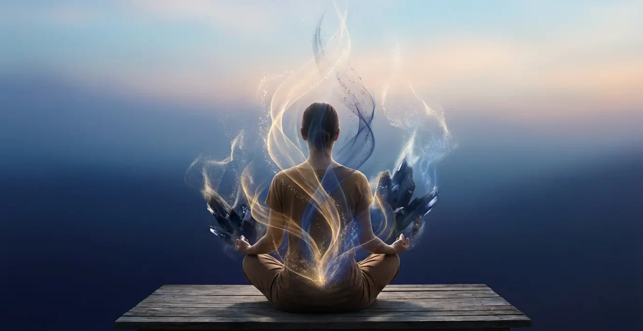 Persona in meditazione circondata da flussi energetici luminosi in trasformazione
