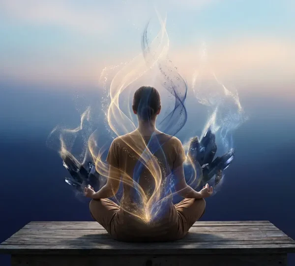 Persona in meditazione circondata da flussi energetici luminosi in trasformazione