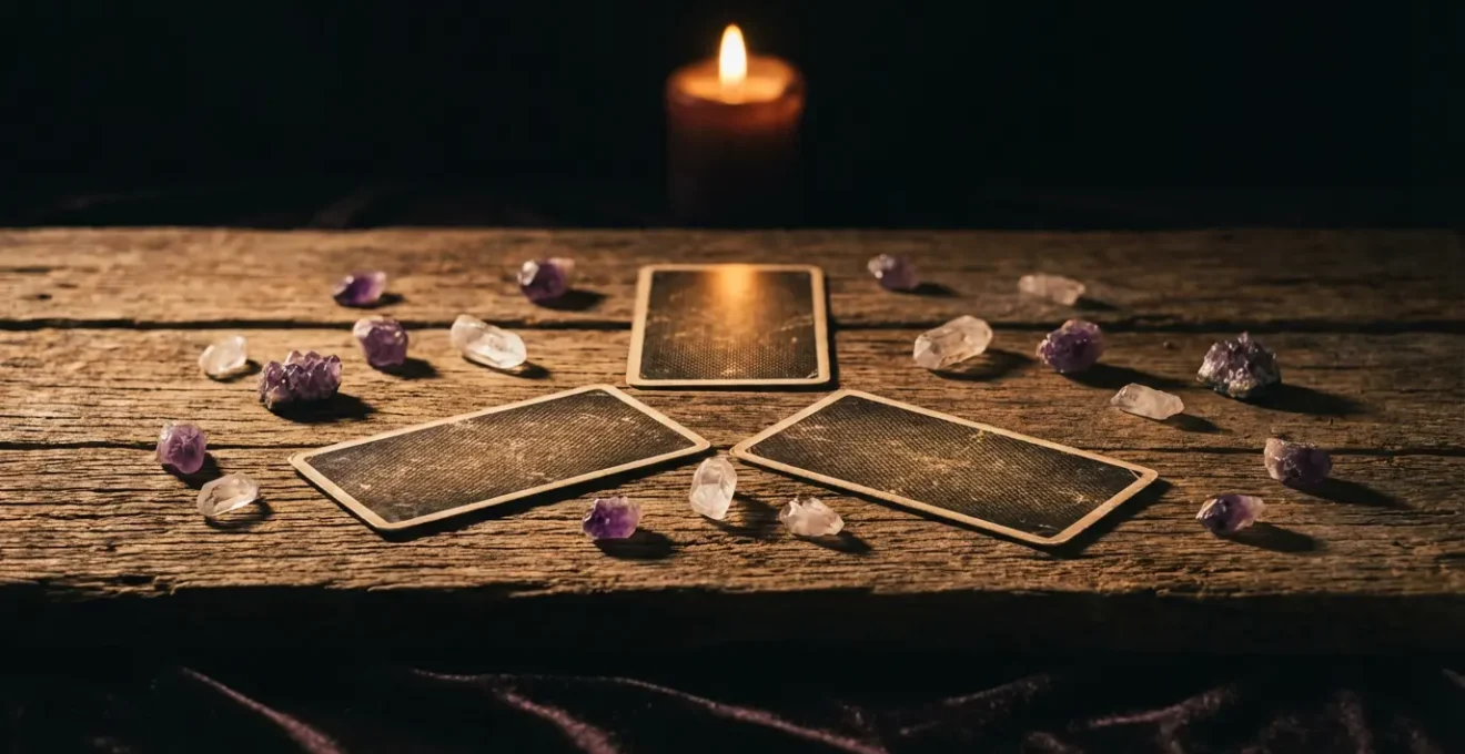 Disposizione di tre carte dei tarocchi illuminate da candele con cristalli intorno