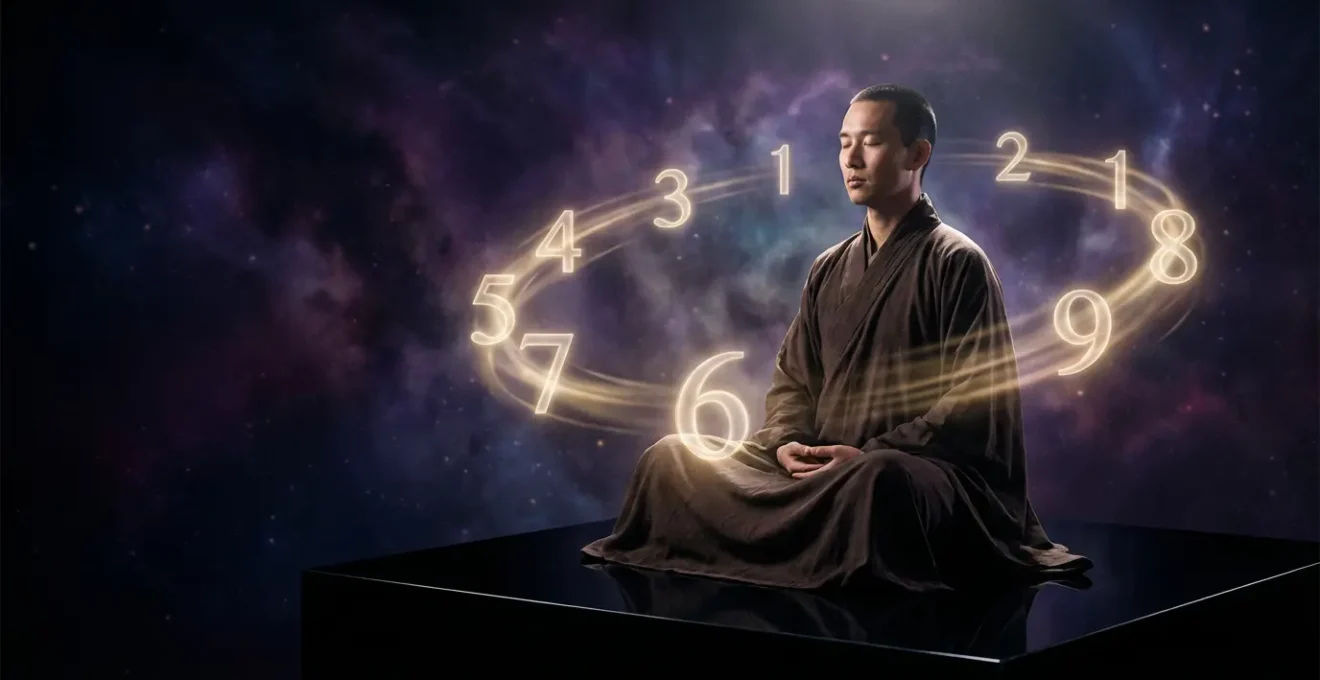 Persona che medita con numeri luminosi che fluttuano intorno alla sua aura in uno spazio cosmico
