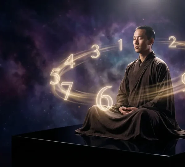 Persona che medita con numeri luminosi che fluttuano intorno alla sua aura in uno spazio cosmico
