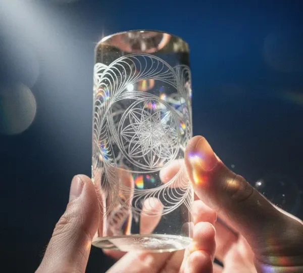 Mani che tengono un caleidoscopio di cristallo che riflette modelli geometrici sacri, simboleggiando la scoperta del proprio numero del destino attraverso la numerologia
