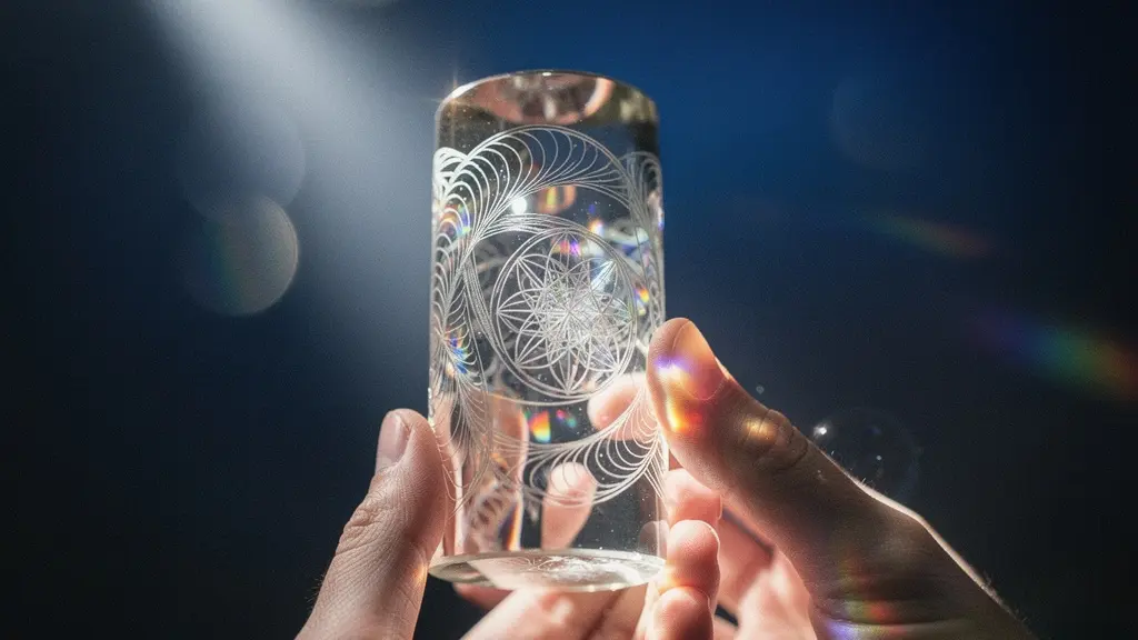 Mani che tengono un caleidoscopio di cristallo che riflette modelli geometrici sacri, simboleggiando la scoperta del proprio numero del destino attraverso la numerologia