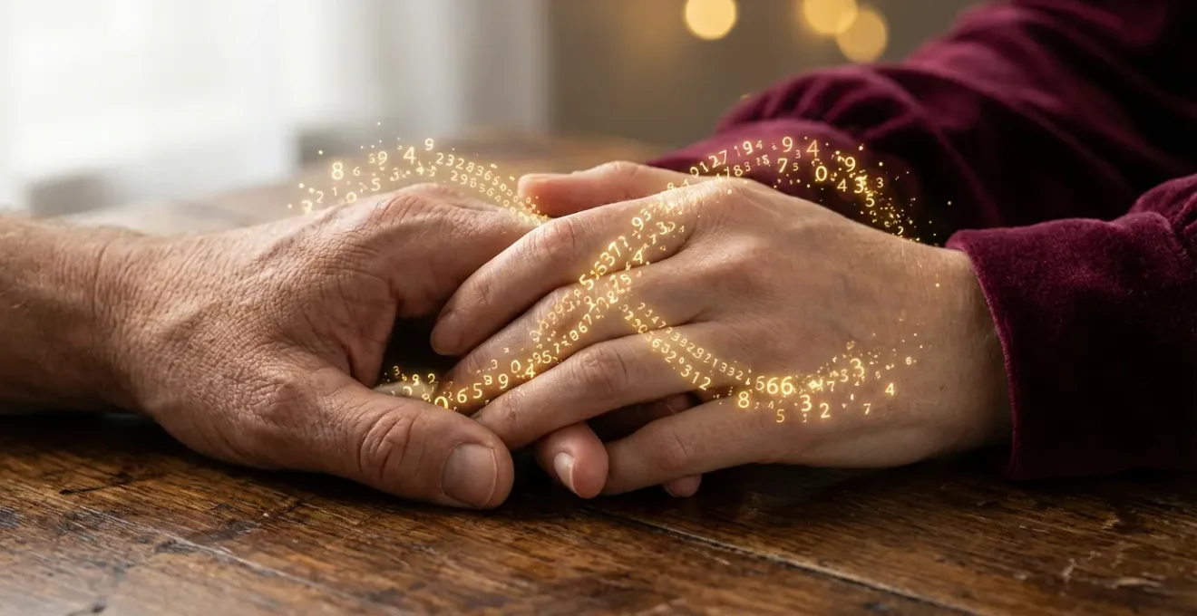 Due mani intrecciate con numeri dorati che fluiscono tra le dita formando un simbolo dell'infinito