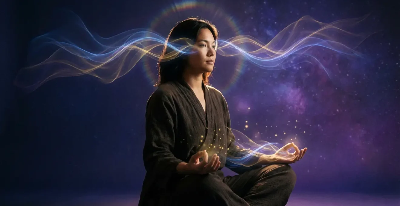 Persona meditativa con energia luminosa emanante dalle mani e terzo occhio illuminato