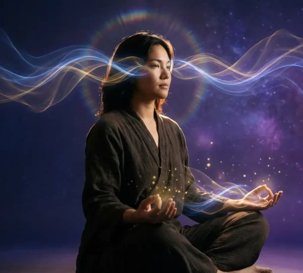 Persona meditativa con energia luminosa emanante dalle mani e terzo occhio illuminato