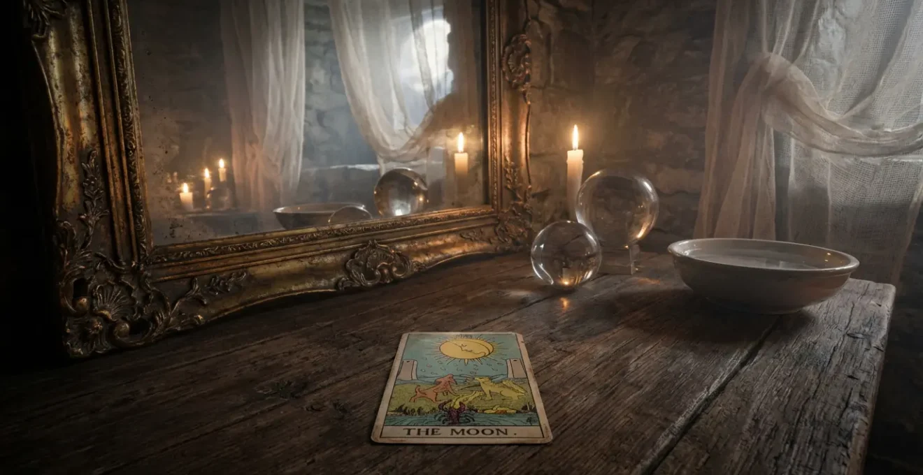 Carta della Luna dei tarocchi riflessa in uno specchio antico con candele che creano giochi di luce ambigui