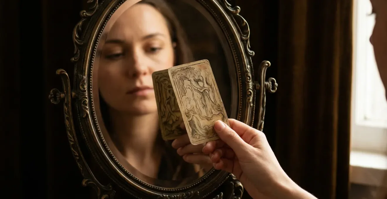 Mano che tiene una carta dei tarocchi riflessa in uno specchio antico
