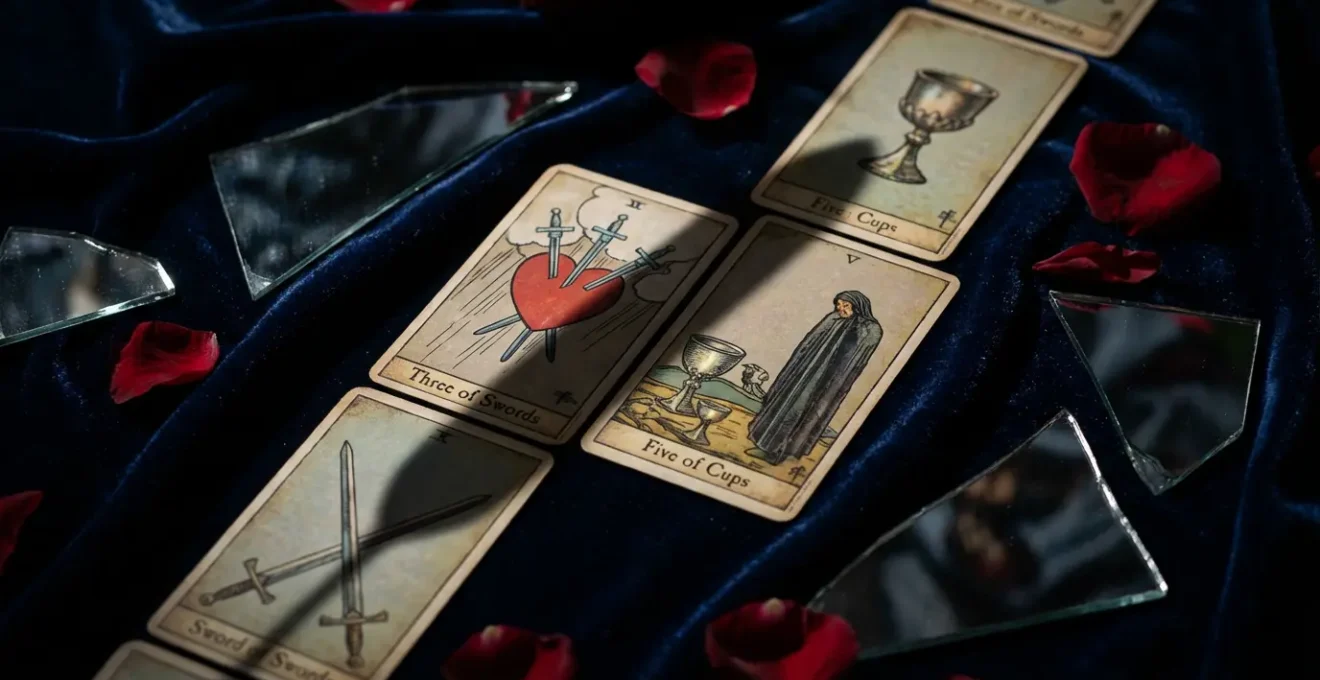 Disposizione di carte dei tarocchi che mostra il 3 di Coppe vicino al 7 di Spade con riflessi e ombre suggestive