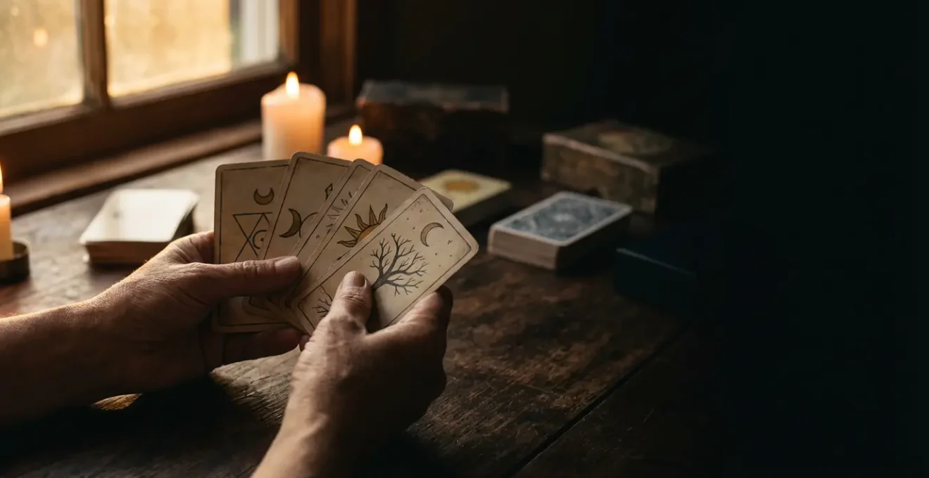 Mani che tengono carte di tarocchi illuminate da candele in ambiente meditativo