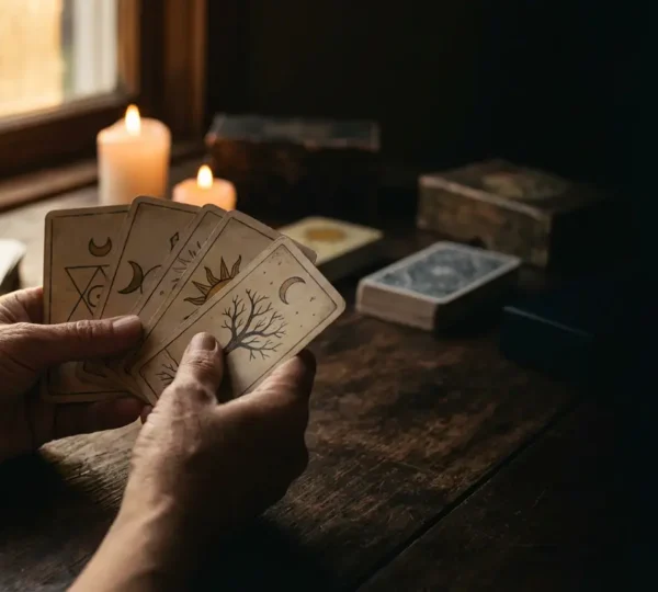 Mani che tengono carte di tarocchi illuminate da candele in ambiente meditativo