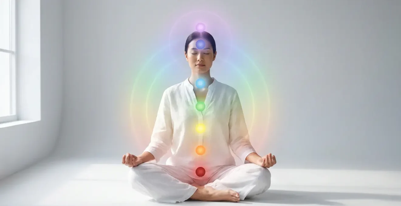 Persona in meditazione con rappresentazione energetica dei sette chakra attraverso sfere di luce colorate lungo la colonna vertebrale
