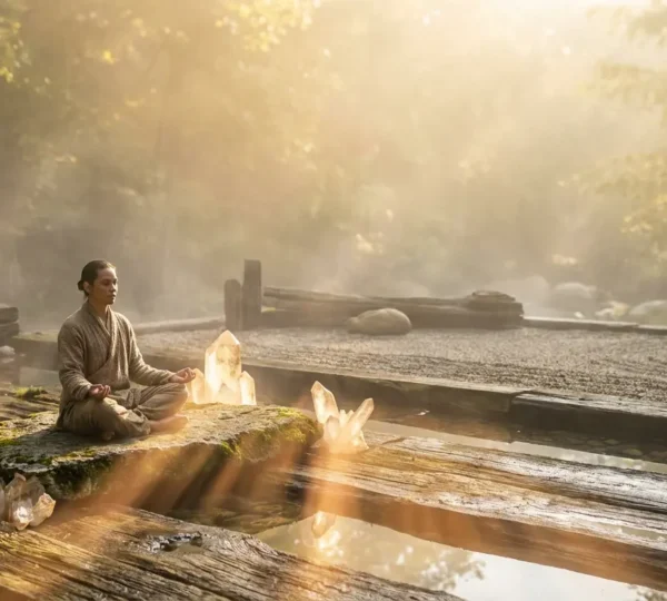 Persona in meditazione con cristalli che emanano energia luminosa in ambiente naturale sereno