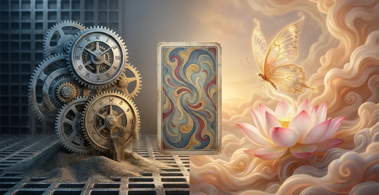 Rappresentazione artistica della dualità tra Chronos e Kairos attraverso simboli dei tarocchi