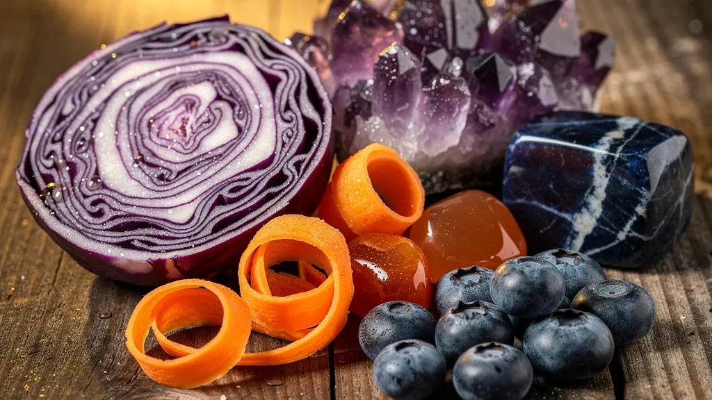 Composizione di cibi colorati abbinati a cristalli corrispondenti per il benessere energetico