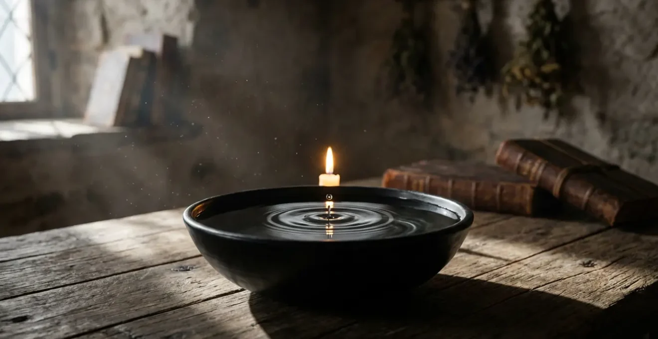 Una ciotola di ceramica nera riempita d'acqua riflettente per la pratica dell'idromanzia