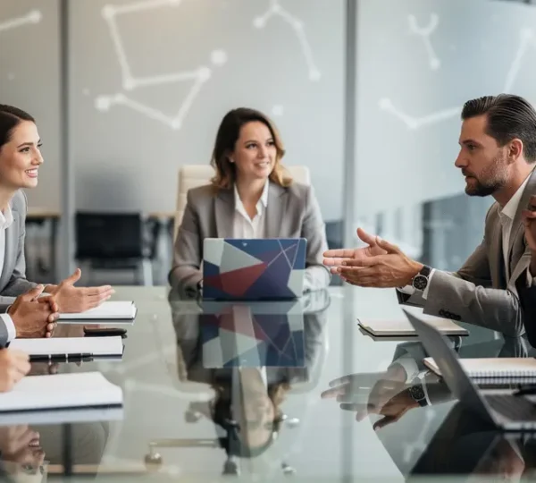 Professionisti in una sala riunioni moderna con elementi astrologici sottili