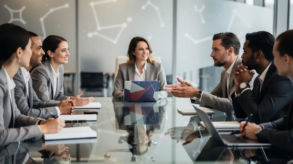 Professionisti in una sala riunioni moderna con elementi astrologici sottili