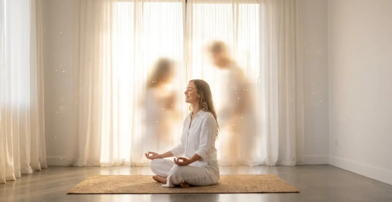 Figura femminile in meditazione circondata da luce eterea e simboli spirituali