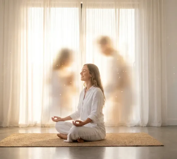 Figura femminile in meditazione circondata da luce eterea e simboli spirituali