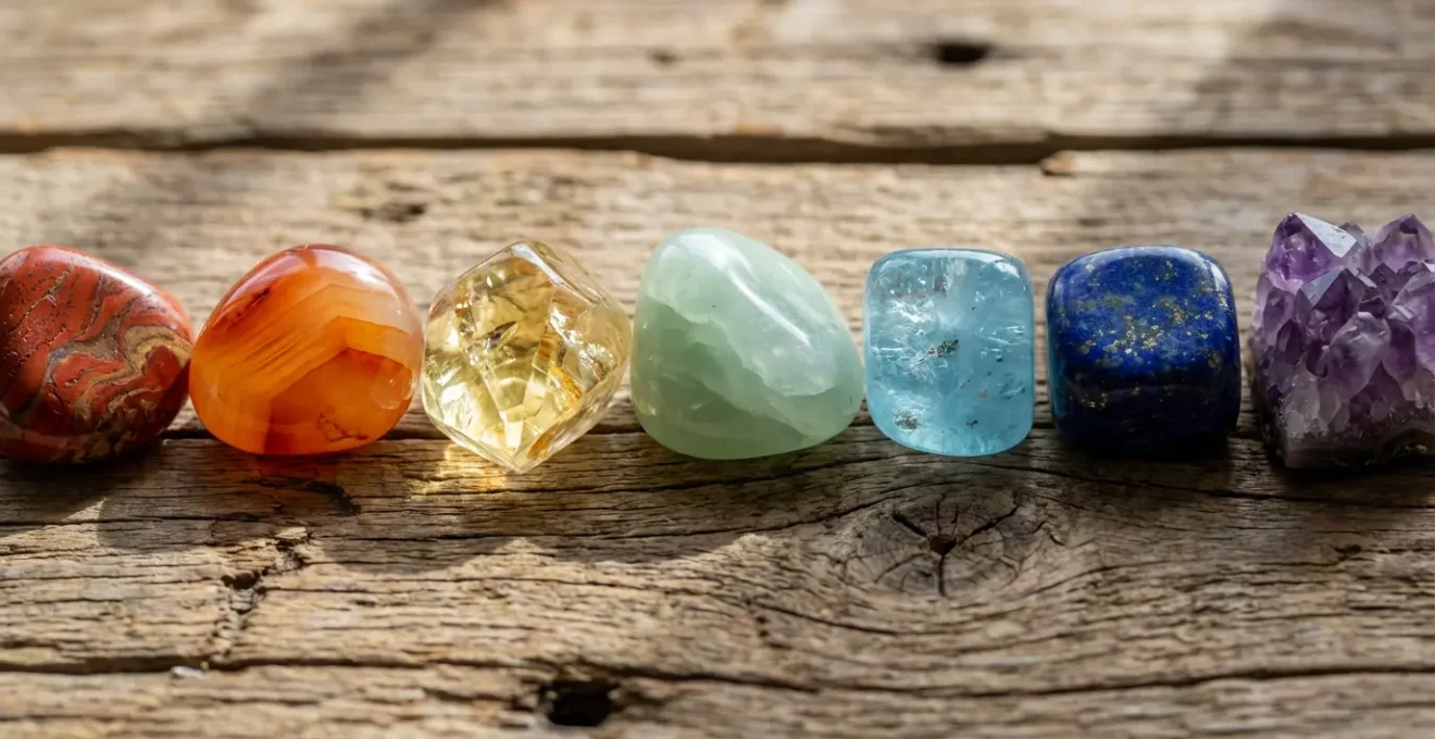 Collezione di cristalli colorati disposti in linea secondo i colori dei chakra su superficie di legno naturale
