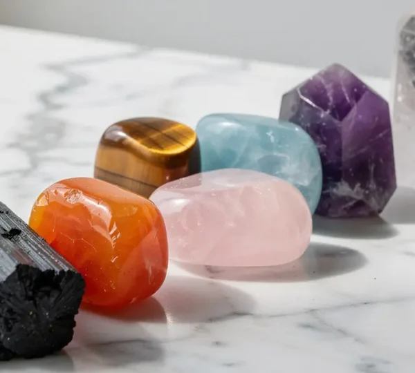 Disposizione di cristalli colorati allineati sui sette chakra per il riequilibrio energetico