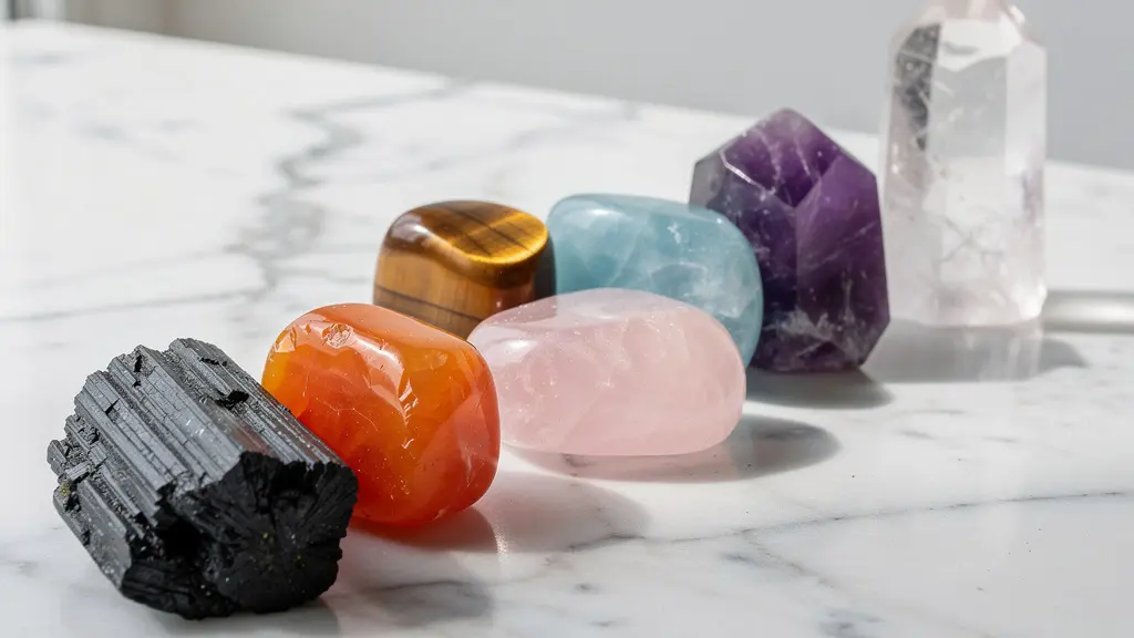 Disposizione di cristalli colorati allineati sui sette chakra per il riequilibrio energetico