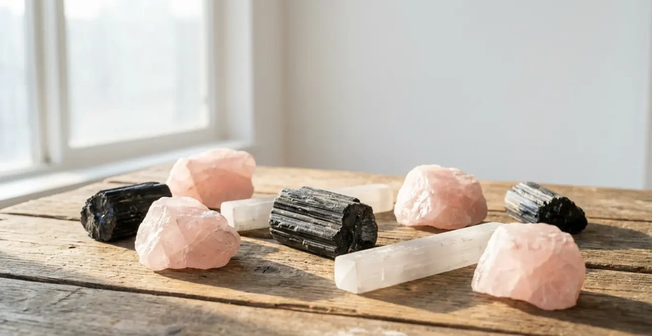 Collezione di cristalli disposti su superficie naturale con luce morbida