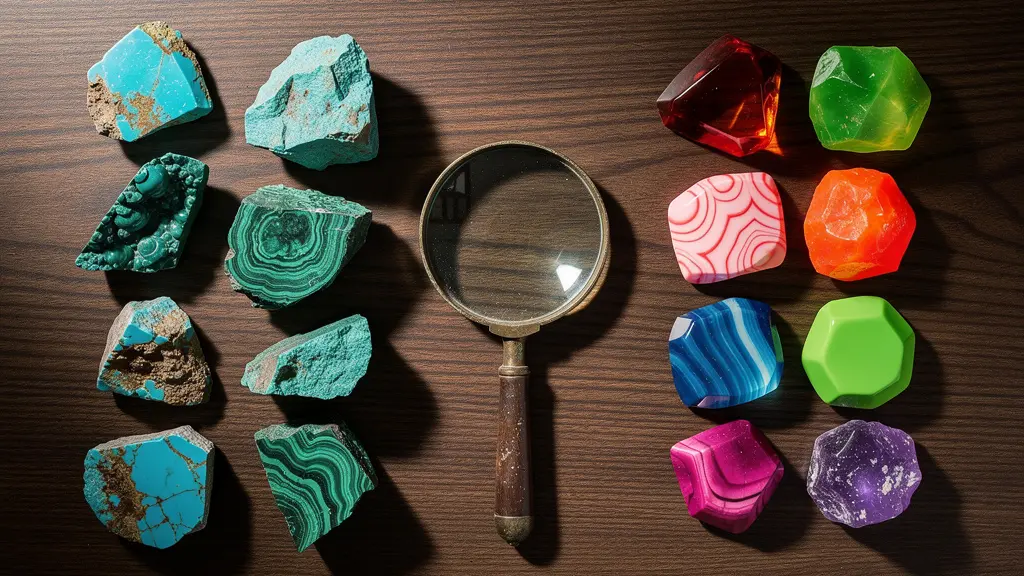 Collezione di cristalli naturali e imitazioni su superficie di legno per confronto visivo