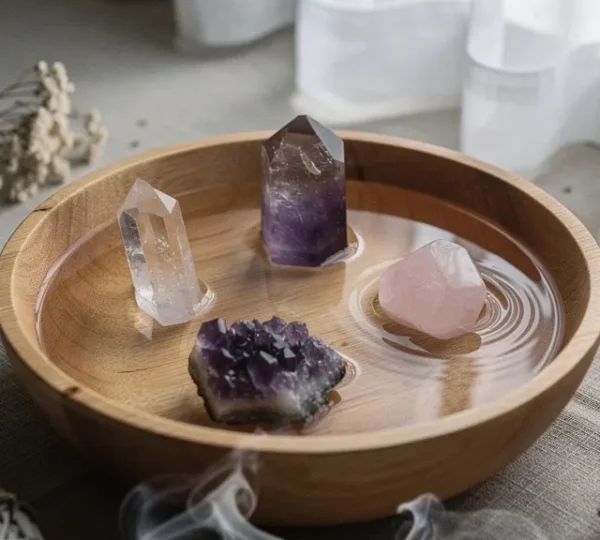 Pietre preziose immerse in acqua cristallina con riflessi lunari e vapore di incenso