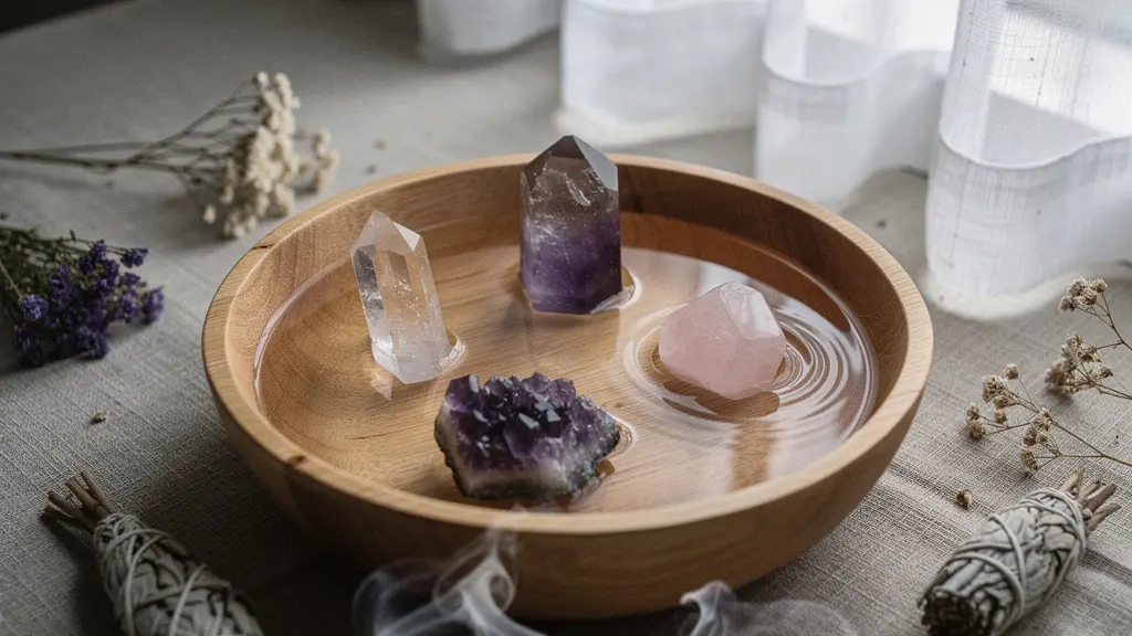 Pietre preziose immerse in acqua cristallina con riflessi lunari e vapore di incenso