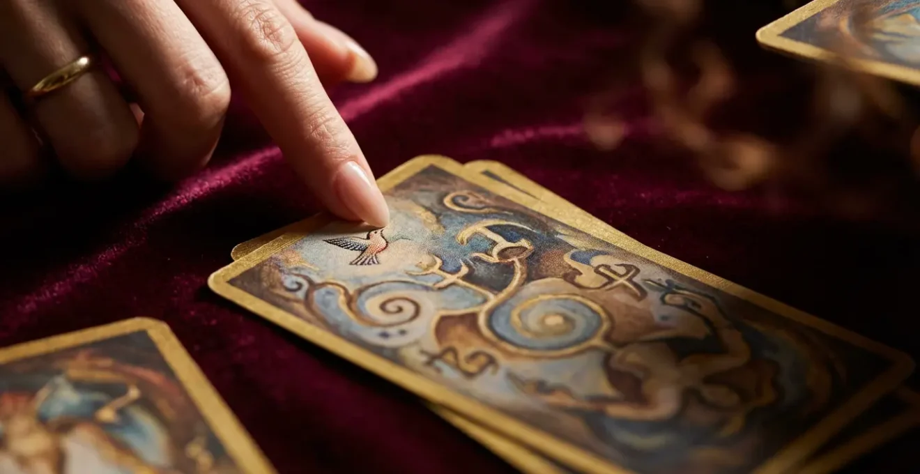 Lettura dettagliata di tarocchi con carte disposte su superficie di velluto, mani che indicano simboli nascosti