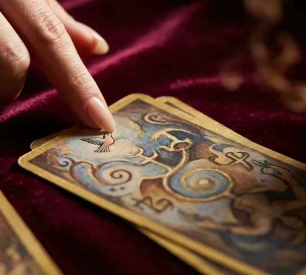 Lettura dettagliata di tarocchi con carte disposte su superficie di velluto, mani che indicano simboli nascosti