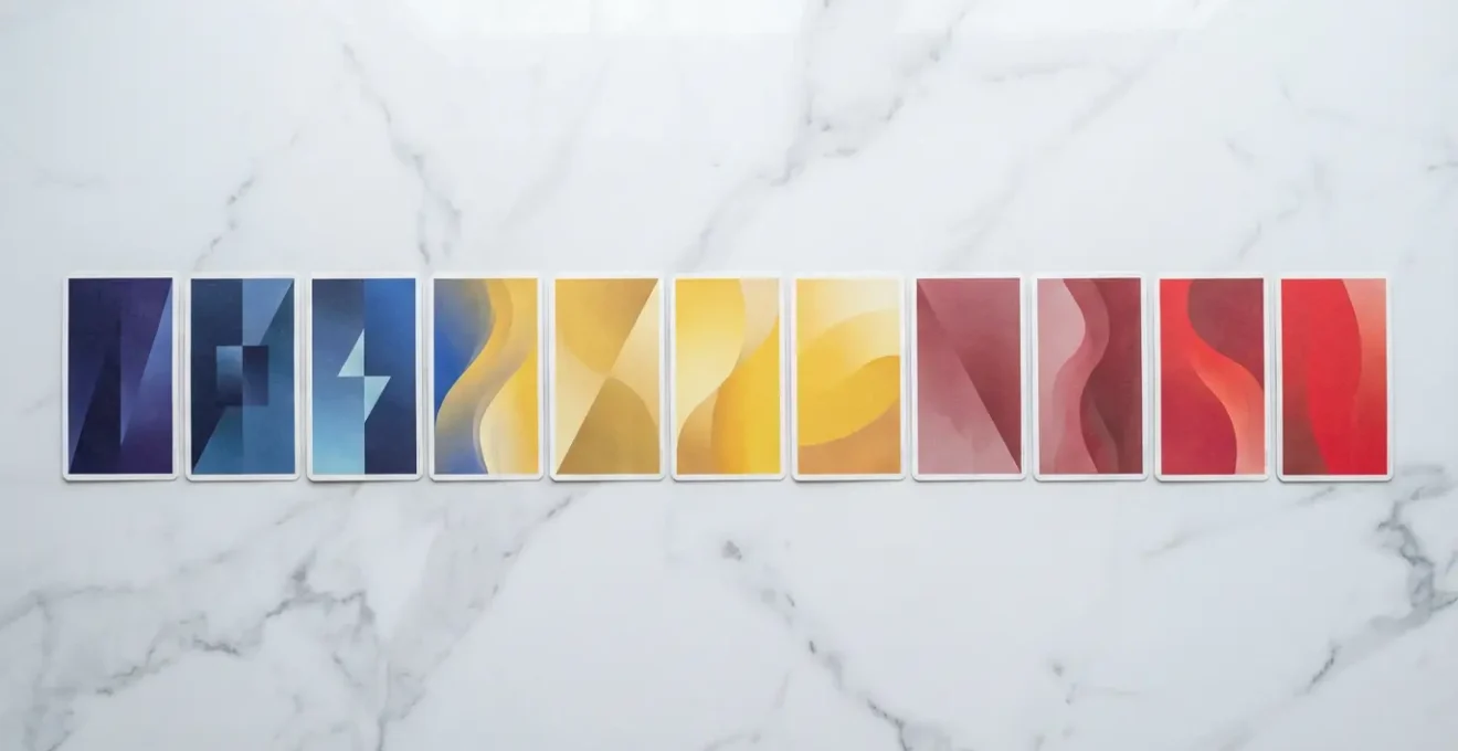 Vista dall'alto di carte dei tarocchi con dominanti cromatiche blu e rosse che creano un contrasto emotivo