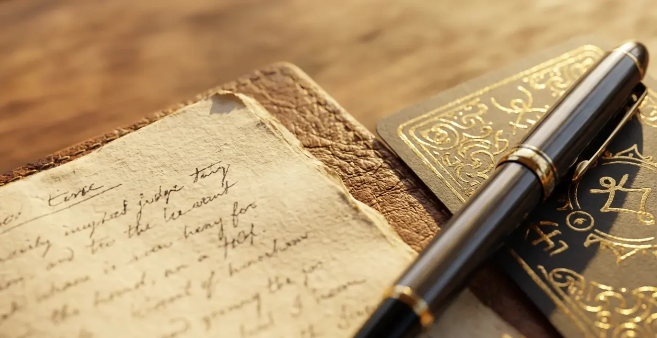 Un diario aperto con annotazioni accanto a carte dei tarocchi su una scrivania di legno