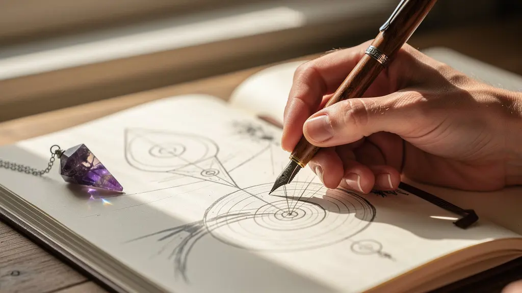 Primo piano di mani che scrivono in un diario aperto con un pendolo di ametista posato accanto sulla pagina
