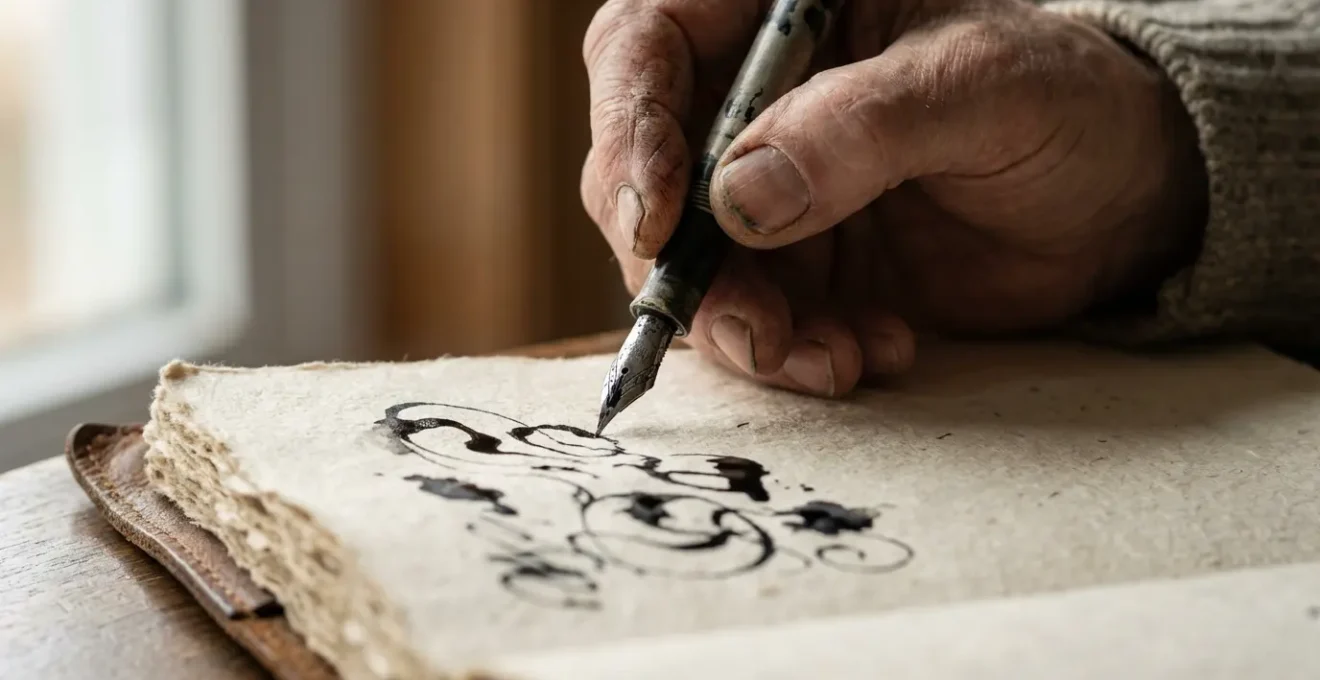 Mani che scrivono in un diario personale con luce naturale dalla finestra