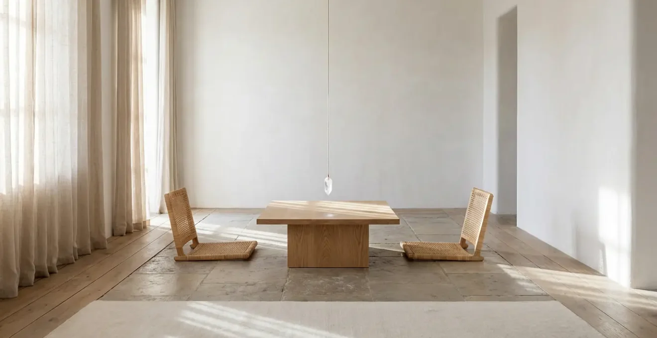 Simbolismo delle domande aperte in un consulto spirituale, rappresentato da una stanza minimalista che invita al dialogo e alla riflessione.