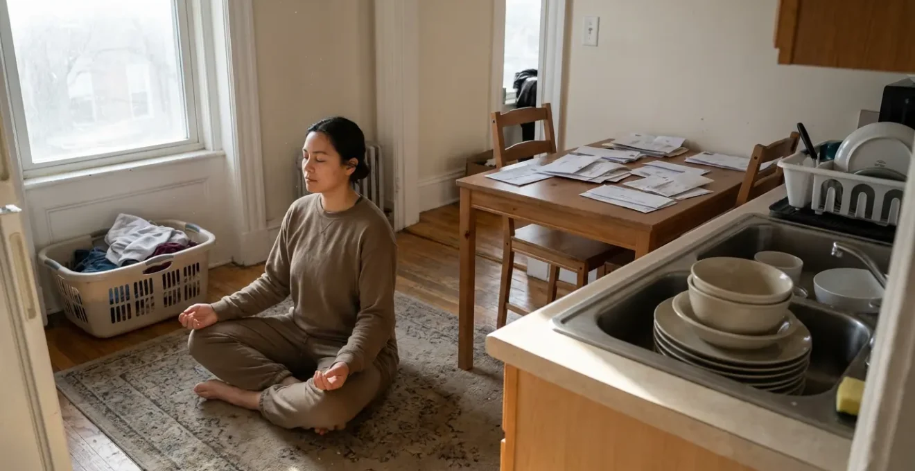 Persona che medita in un ambiente domestico realistico con oggetti quotidiani visibili