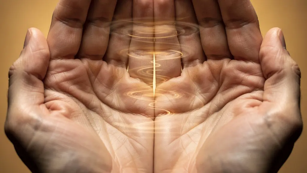 Primo piano di mani in posizione di apertura dei chakra con energia visibile