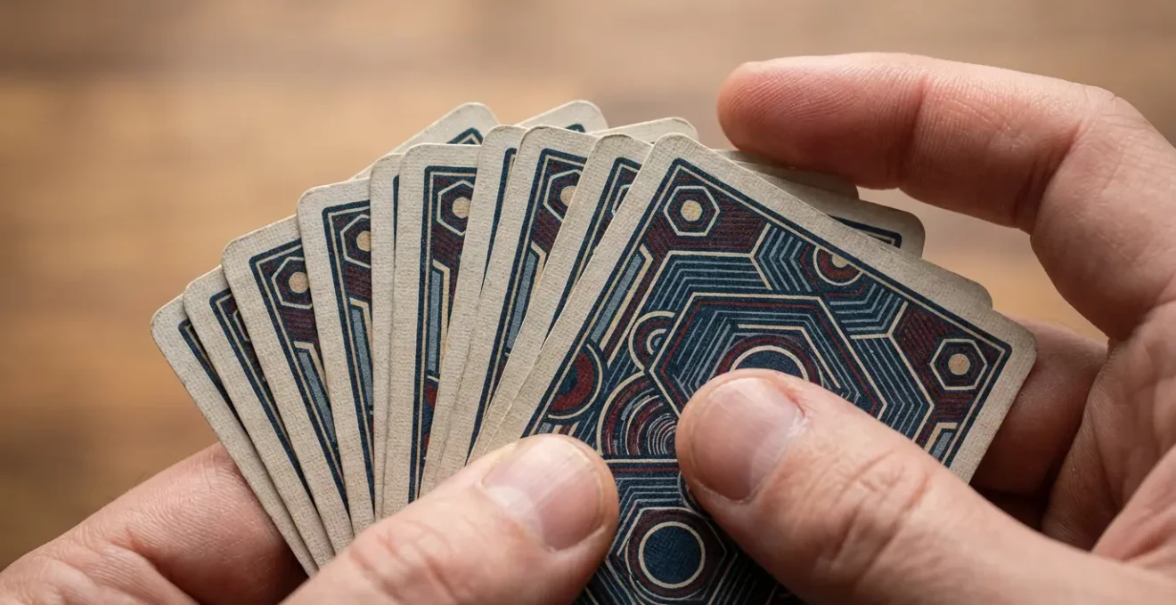 Mani che tengono un mazzo di carte durante esercizio di intuizione