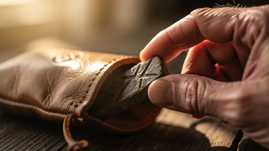 Mano che estrae una runa antica da un sacchetto di cuoio durante un rituale mattutino