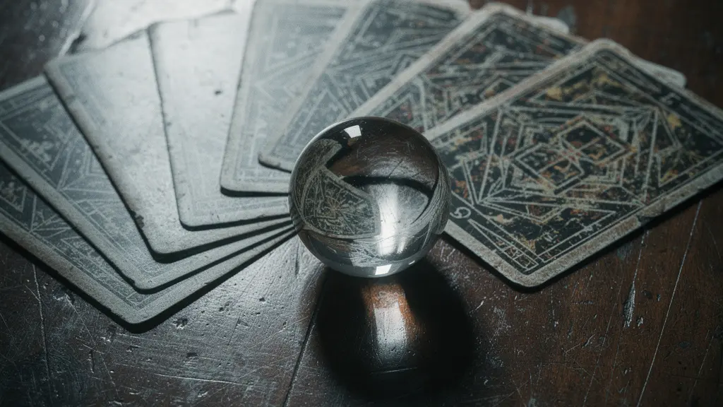 Vista ravvicinata di carte dei tarocchi disposte a ventaglio con una sfera di cristallo riflettente