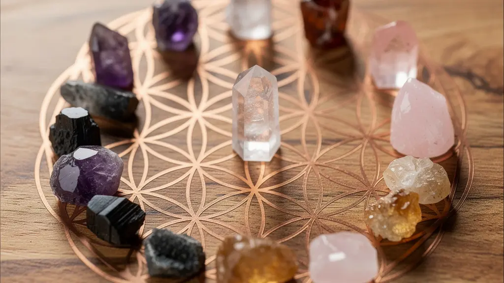 Griglia di cristalli disposti in pattern geometrico sacro con quarzo centrale e pietre colorate