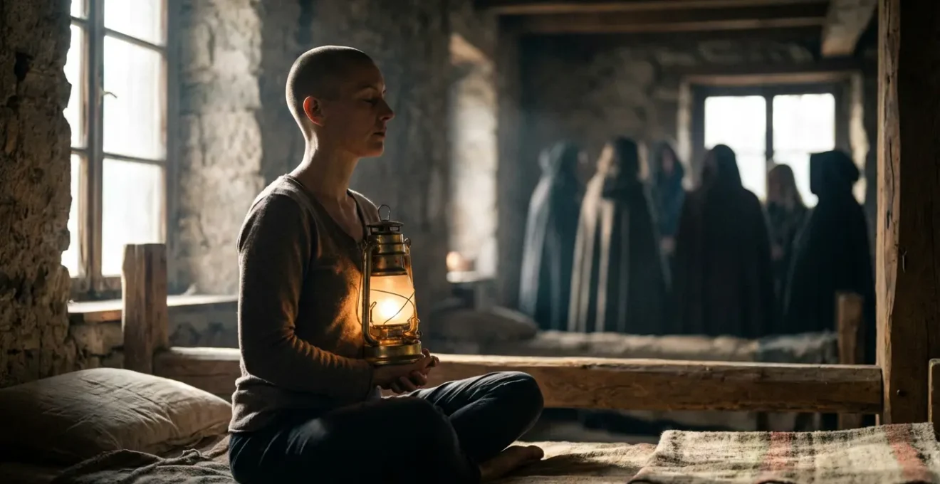 Persona in meditazione che riflette davanti a figure sfocate di maestri spirituali