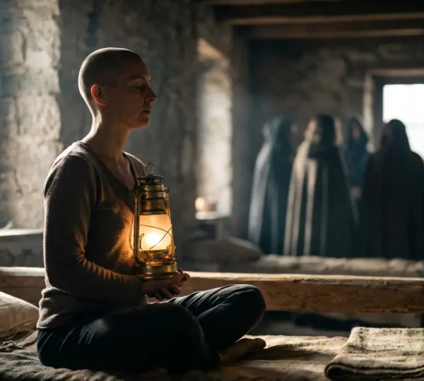 Persona in meditazione che riflette davanti a figure sfocate di maestri spirituali