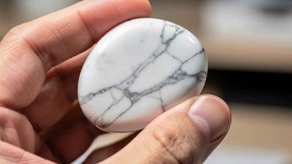 Mano che stringe delicatamente una pietra di Howlite burattata